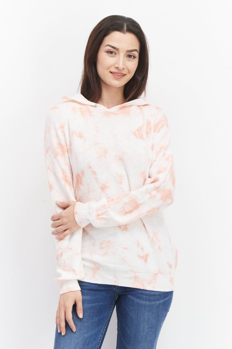 Weatherproof Women Tie Dye Printed Long Sleeve Hooded Sweater, Coral - Image 1
